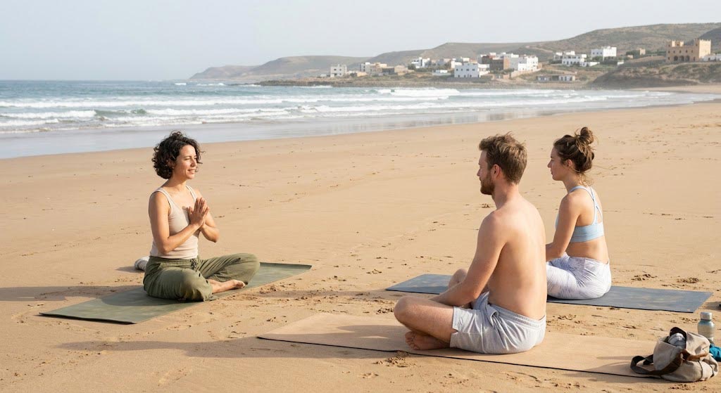 séance yoga face à l’océan au Maroc